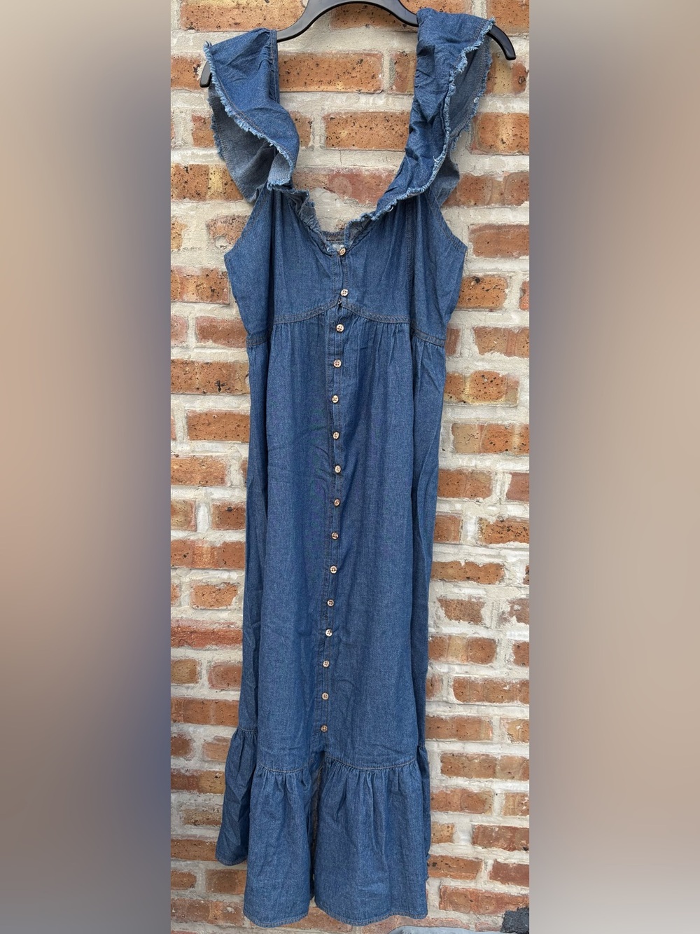 Button-Front Denim Maxi Dress with Ruffle Straps